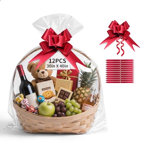 TUXIYA 12 PCS Large Cellophane Bags 30x40inches Cellophane Wrap for Gift Baskets Clear Basket Bag with 12 PCS Red Pull Bows
