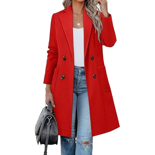 Gabardina larga roja para mujer, abrigo de invierno de longitud media, chaqueta cruzada con solapa y muesca.