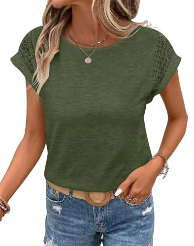 Image of Bliwov Womens Tops Lace Cap Sleeve T Shirts,Cute Trendy Casual,Beach Vacation Outfits,Summer Spring Fashion Clothes