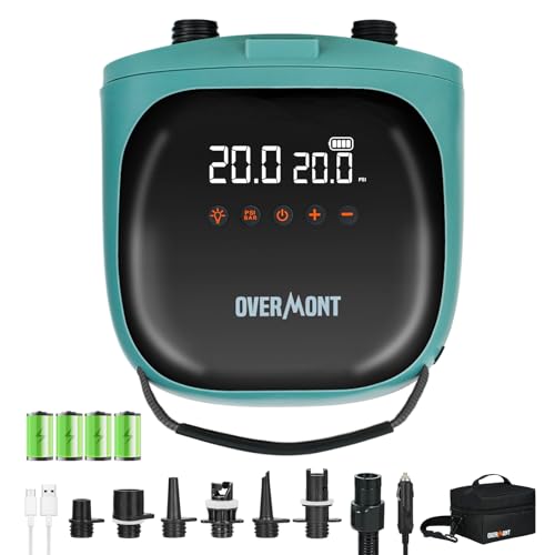 Overmont Paddle Board Pump Electric Portable, 20PSI Rechargeable SUP Air Pump with Auto-Off, Fast Dual Stage Inflation & Deflation, LCD Display, 12V Car Adapter for Inflatables, Kayaks, Boats, Tents