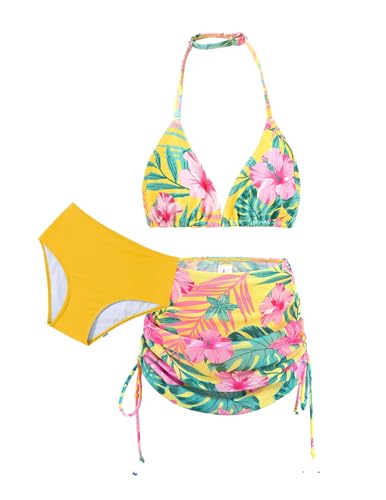 Image of Arshiner Girls 3 Piece Bikini Set Kids Halterneck Swimsuit Set with Drawstring Cover-Up Skirt Summer Beach Surfer Swimwear Bathing Suit for Girl 11-12 Years
