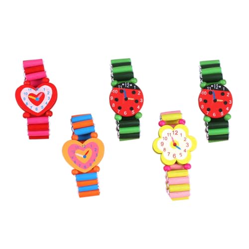 GALPADA 5 Pcs Wooden Watch Cartoon Wrist Watches Educational Playthings for Boys and Safe Smooth Grip Fun Random Color