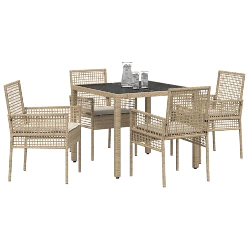 vidaXL Beige Poly Rattan Garden Dining Table Set - 5-Piece Weather-Resistant Patio Furniture with Tempered Glass Top for Outdoor, Balcony and Terrace - Image 4
