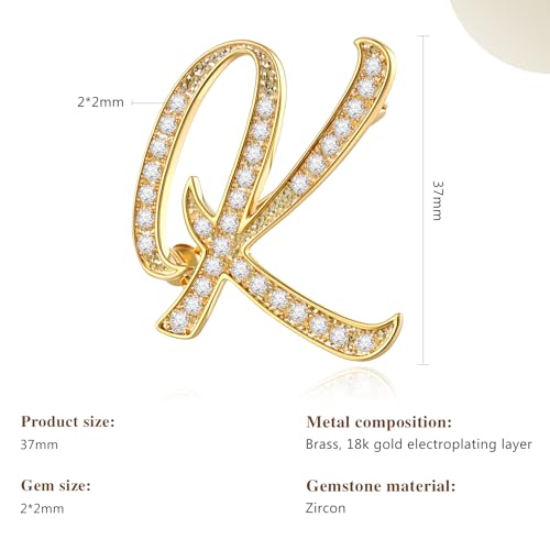 Image of Cicy Bell A-Z Initial 26 Letter Brooch Pins 18k Gold Plated Cubic Zirconia Breastpin Name Personalized Gifts for Women Men