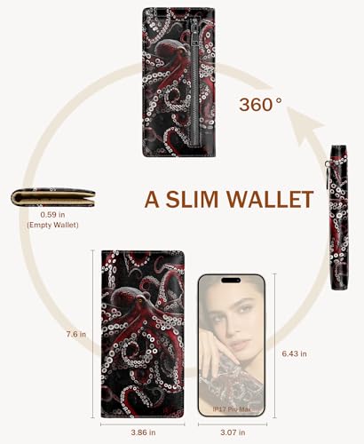 Image of Immaturus Womens Wallet, Octopus Slim Thin RFID Blocking Credit Card Wallets, Long Bifold PU Leather Card Holder Organizer, Cute Cash Clutch Billfold with Zipper Coin Pocket Ladies Girls Gift