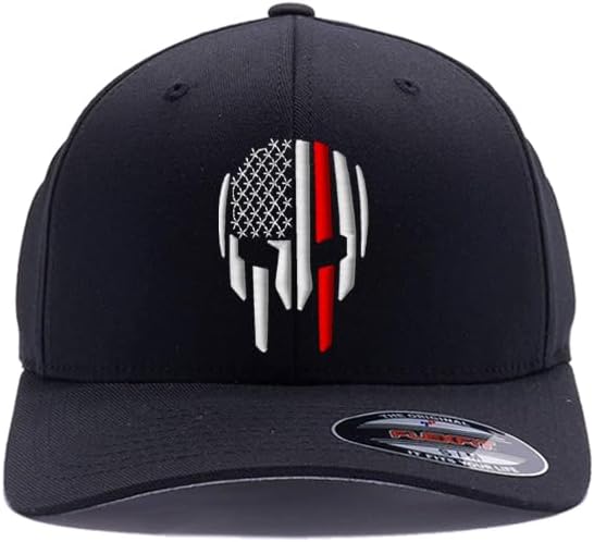 G&B Red Thin Red/Blue Line Spartan Helmet & Distressed Skull Flex Baseball Cap. Embroidered. 6277/6477 Flex Baseball Hat - Image 4