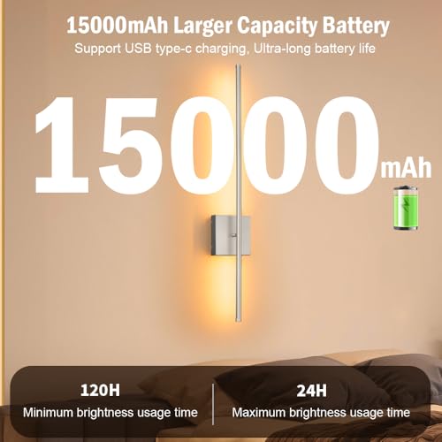 Image of 15000mAh Battery Operated Wall Sconce Set of 2, Brush Nickel USB Rechargeable Wall Sconces, Dimmable Cordless Wall Sconces with Remote Control, LED Wireless Wall Light Lighting Time 24-120 hours