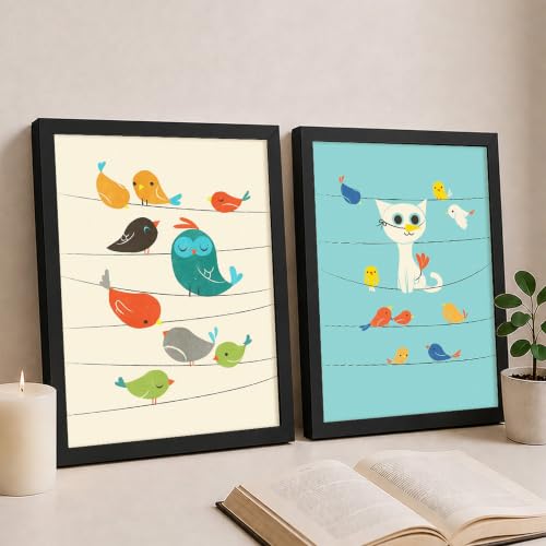 Image of PAINTINGMANTRA Birds & Cat Cartoon Wall Art Painting for Kids Room, Animal Framed Painting for Living Room, Playroom, kids room decoration items, Set of 2, 9x13 Inch