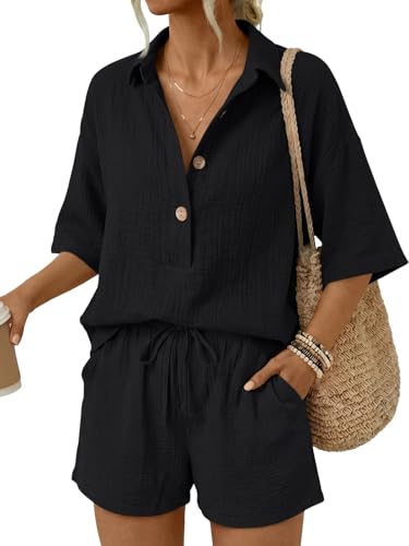 LILLUSORY Women 2 Piece Linen Short Sets 2026 Summer Vacation V Neck Short Sleeve Beach Outfits Oversized Button Cotton Pjs Black M