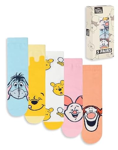 Disney Juego de 5 calcetines de Winnie the Pooh para mujer | Estampados de personajes: Pooh, Ígor, Piglet y Tigger | Multicolor: azul, amarillo, blanco, rosa y naranja | Merchandising | Ya disponible en tu tienda friki favorita! En mundofriki.es!