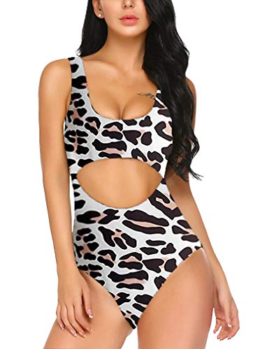 Qearal Women Leopard Print One Piece Swimsuit Swimwear Bandage High Cut Monokini Bathing Suit