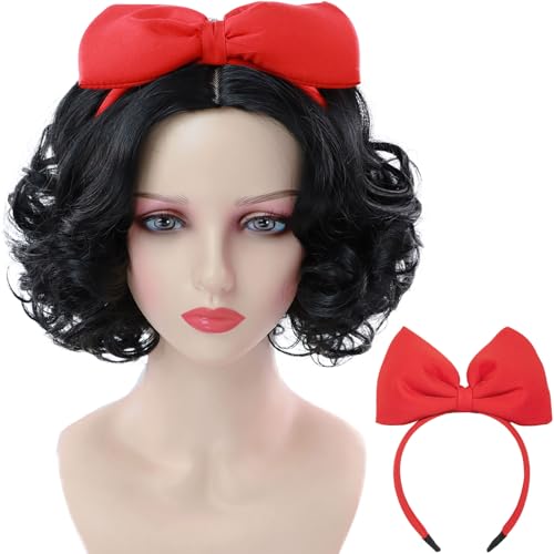Tereshar Black Curly Wig with Red Bow for Women Costume Short Curly Bob Wigs for Halloween Party Cosplay Anime or Fun