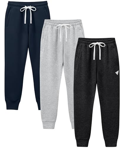 Holure 3 Pack Boys Cotton Tracksuit Bottoms Youth Kids Jogging Pants with Zipper Pockets Adjustable Waist Soft Baggy Sweatpants Sports School Charcoal Black/Light Gray/Navy Blue 3P02-XS