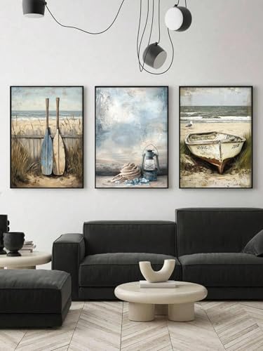 Impression d'art bord de mer encadrée triptyque moderne 50 x 70 cm - 3