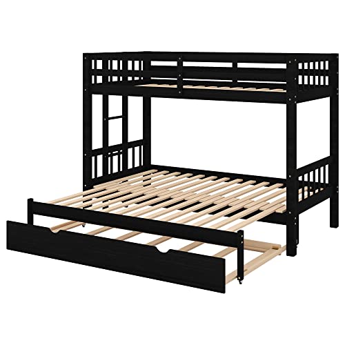 Emkk Twin Over Pull-Out Queen Full Bunk Bed With Trundle, Solid Wood Bunkbed Frame With Ladder, Extendable Bunkbeds With Safety Rail For Kids Adults Teens, Espresso #TOP7