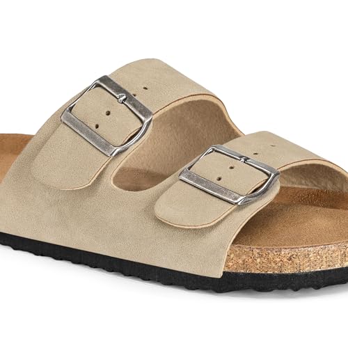 Image of mysoft Womens Flat Sandals Cork Footbed Slides with 2 Straps | Adjustable Buckle Slip On Comfortable Casual Light Weight Summer sandals