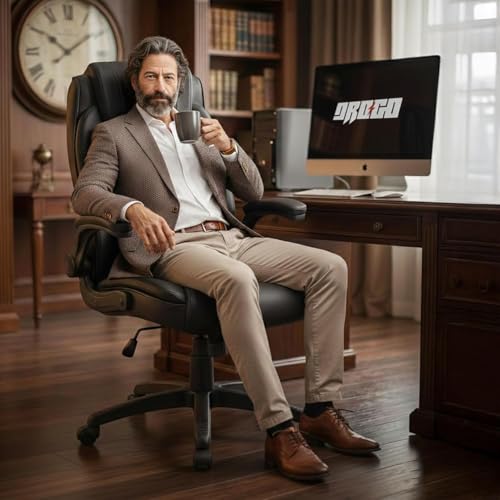 Image of DROGO Dominus Ergonomic Office Chair for Work from Home | Computer Chair for Study | PU Leather Executive Boss Chair with Flip-Up Armrest, Wide Cushion Seat (Black)