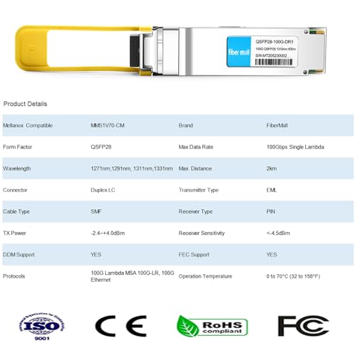 Image of 100G QSFP28 DR Single Lambda Optical Transceiver Module, Compatible with Mellanox MMS1V70-CM,100GBASE-DR QSFP28 1310nm 500m Duplex LC SMF with FEC DDM
