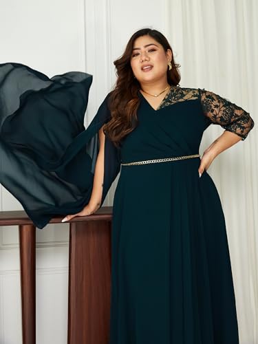 Image of Miss Chase A+ Women's Floral Printed Relaxed Fit V -Neck 3 /4Th Sleeve Georgette Maxi Dress