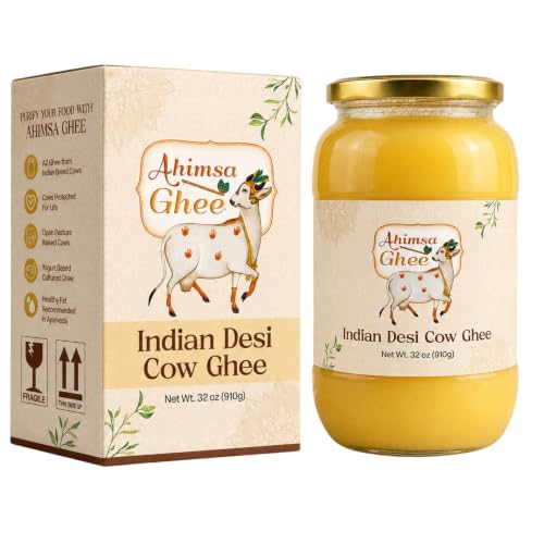 A2 Ghee - Pure Indian Desi Cow Yogurt Based Cultured Ghee, Grass Fed, Cruelty Free, Gut Friendly | Lactose-Free, Keto Friendly, Premium - Clarified Butter - Ahimsa Ghee (32 Fl oz)