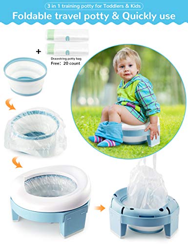 Potty Training Seat for Toddler Kids, 3-1 Portable Collapsible Toilet Seat with Storage Bag, Anti-Slip Design and Splash Guard, Potty Chair for Travel Home Car Camping Use (Blue)