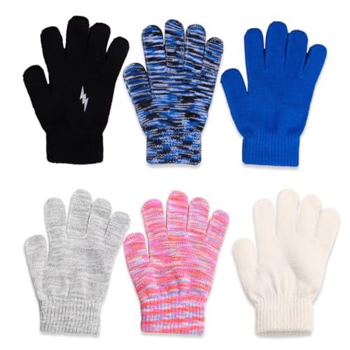 INGJIA 6 Paires Gants Magiques Chauds pour Enfants, Gants Extensibles Magiques pour Enfants, en Tricot Extensible, pour Un Usage Quotidien d'hiver, Coupe Colorée Garçons Filles Âgées de 5 à 13 Ans