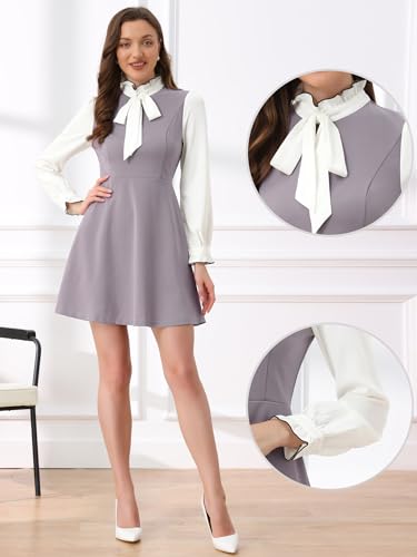 Image of Allegra K Tie Neck Dresses for Women's 1960s Vintage Long Sleeve Contrast Color Dress