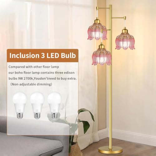 Image of ILLMTW Glass Floor Lamp for Living Room,Bedroom,Gold Flower Mid Century Modern Standing Lamp Brass Tree 3 Light Tall Floor Lamps Vintage Floor Lights Pink Lamp Shade Farmhouse Boho Bohemian