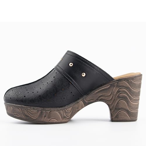 Image of Altxic Women's Hollow Out Low Block Chunky Heels Comfy Slip On Wood Grain Open Back Mule Clogs Black 9 US