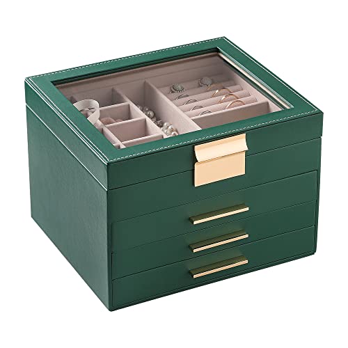 Frebeauty Clear Lid Jewelry Box,4 Layers Jewelry Organizer Large Multi-Functional Jewelry Storage Box With 3 Drawers,Jewelry Display Case Of Rings Earrings Necklace Bracelets For Women Girls (Green) #TOP24