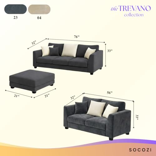 Image of SOCOZI Trevano 5 Seater Sofa Set with Ottoman (3 Seater + 2 Seater + Ottoman) | Soft Velvet Suede Fabric | Plush Comfort Cushions for Living Room (Cream-Dark Gray)