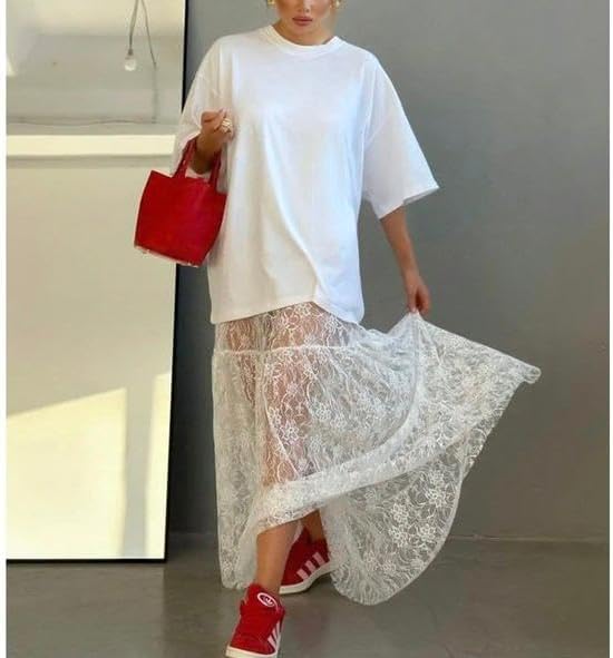 Women's Summer Sheer Lace Maxi Skirt Floral Lace A Line Mesh See Through Flowy Trendy Beach Long Skirts - Image 2