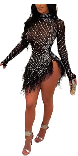 ENOPINK Sexy Dresses for Women Clubwear Mesh See Through Rhinestone Bodycon Long Sleeve Mini Birthday Dresses Black L