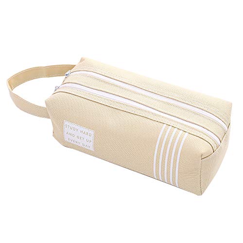 WAWJ Grande Capacité 2 Compartiments Trousse Scolaire, Store Portable Étui à Crayons pour Les Filles Garçons Cosmetic Pouch Bag Femmes (Kaki)