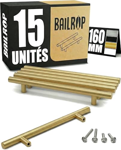 BAILROP Poignée de Meuble Cuisine Doré 160MM - Poignée Doré Meuble en Acier Inox - Poignet de Porte Cuisine et Armoire 15 UNITÉS