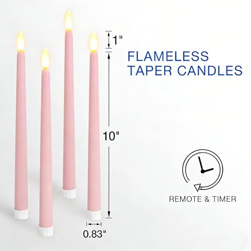 Image of Pink Flameless Taper Candles with Remote, Flickering Battery LED Candlesticks Decor Set of 4