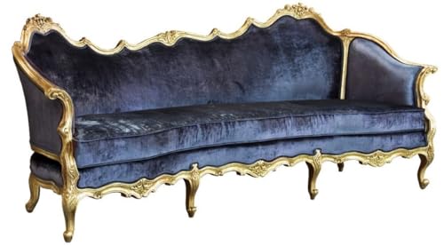 Casa Padrino Luxus Barock Samt Sofa Blau/Gold - Edles Handgefertigtes Wohnzimmer Sofa im Barockstil - Barock Wohnzimmer Möbel - Edel & Prunkvoll