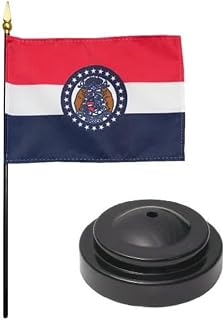 Missouri Desk Flag with Base; American Made Rayon 4x6 inch Miniature Table Set Includes One Small Mini Stick Flags and One Black Stand (Missouri Desk Flag with Base)
