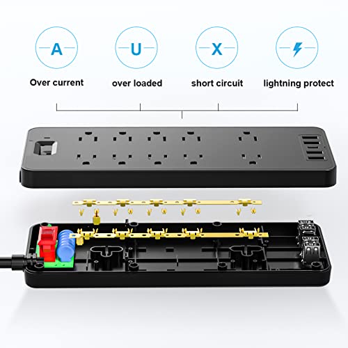 Power Strip Surge Protector With 10 Outlets & 4 Usb Ports & 1 Usb-C Port (5V/3A), Hitrends 1875W/15A Flat Plug Spaced Outlets With 6 Feet Extension Cord For Home Office, Etl Listed, Black #TOP3