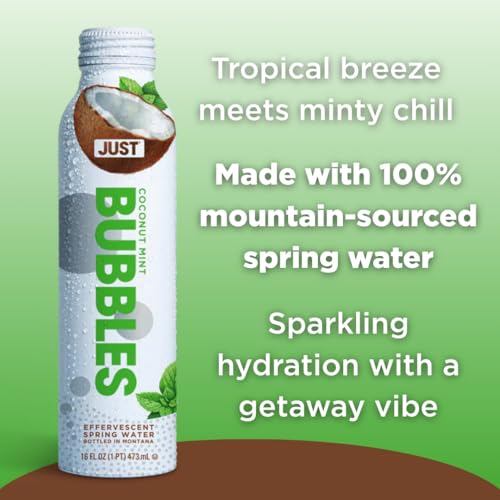 Image of JUST Bubbles Coconut Mint - Pure Premium Sparkling Spring Water in a Fully Recyclable Reusable Eco-Friendly Bottle - 100% Mountain-Sourced Carbonated Water with Naturally Occurring Minerals, 16 Fl Oz (Pack of 12)
