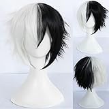 ANOGOL Wig Cap+ Multi-Color Wigs Short Straight Cosplay Wig White and Black Synthetic Wigs for Movie Costume Wig for Halloween Party