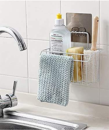 HEET Self Adhesive Metal Wall Hanging Basket Shelf for Sink Sponge Holder, Shampoo, Conditioner, Liquid and Toothbrush Holder with Kitchen Towel Rack