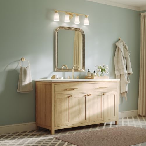 Image of Kichler Stamos 31.25 inch 4-Light Soft Modern Vanity Light with Satin Etched Glass in Brushed Gold, (8.25 inch H x 31.2 5 inch W), 55122BG