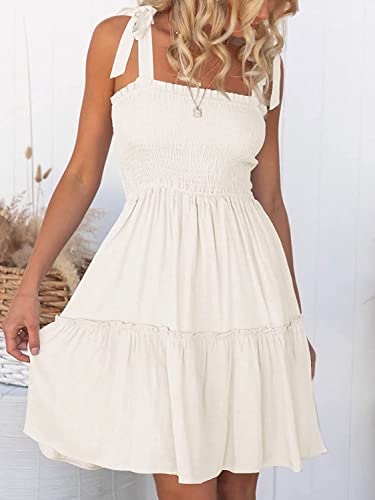 Zesica Women's 2023 Summer Spaghetti Strap Sleeveless Square Neck Ruffle A Line Swing Mini Dress,Ivory,Medium #TOP2