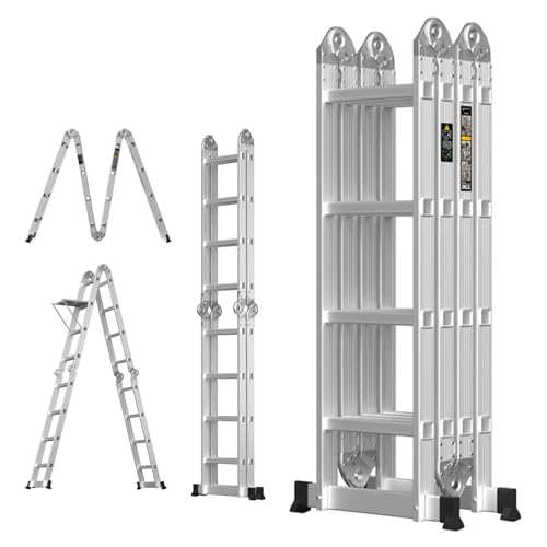15.4ft Multi-purpose Telescopic Ladder A-frame or Straight 14-in-1 Portable Aluminum Folding Ladder with Dual Stabilizers and Tool Tray, Folded Height 4ft Easy to Store, 330lbs Load Capacity 1 15.4ft Multi-purpose Telescopic Ladder A-frame or Straight 14-in-1 Portable Aluminum Folding Ladder with Dual Stabilizers and Tool Tray, Folded Height 4ft Easy to Store, 330lbs Load Capacity