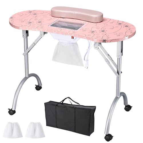 BYOOTIQUE Manicure Nail Table Portable Folding Nail Technician Desk with Built-in Dust Collector & Carry Bag Manicure Table With Lockable Wheel for Nail Tech Tattoo Workstation Beauty Spa Salon, Pink