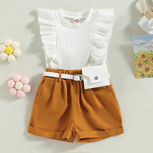 Kid Toddler Baby Girl Summer Outfits Ruffled Sleeveless Ribbed Tops Elastic Waist Shorts With Belt Outfit Set (A-White Brown, 9-12 Months) #TOP1