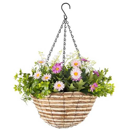 CHRISTOW Artificial Daisy Hanging Basket - Woven Garden Planter Decoration with Pink & Lilac Flowers, UV-Resistant Foliage, Pre-Fitted Triple Steel Chain, 25cm Diameter