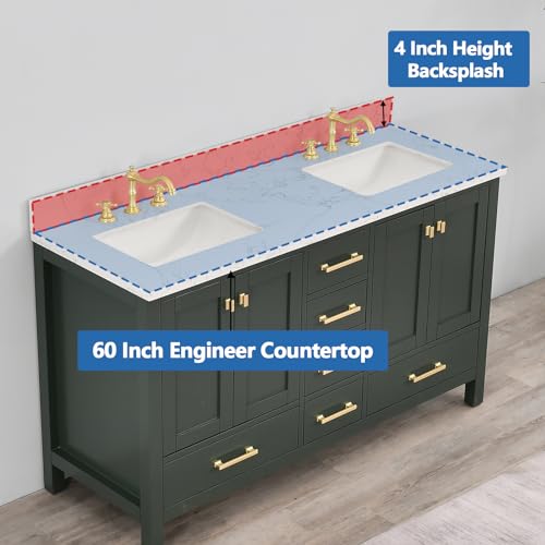 Localand 60 Inch Engineered Stone Bathroom Vanity Top, Vanity Top with Undermount Double Ceramic Sink and 4" Height Backsplash, Pre-Drilled 8 Inch Faucet Hole Spread Countertop,Calacatta Pearl