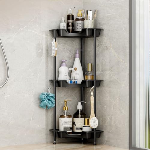 SWTYMIKI Corner Shower Caddy Standing - 3 Tier Floor Standing Shower Organizer with 4 Hooks, Plastic Metal Splicing Rustproof Corner Stand Bathroom Shelf Storage Rack for Bathroom, Bathtub, Black